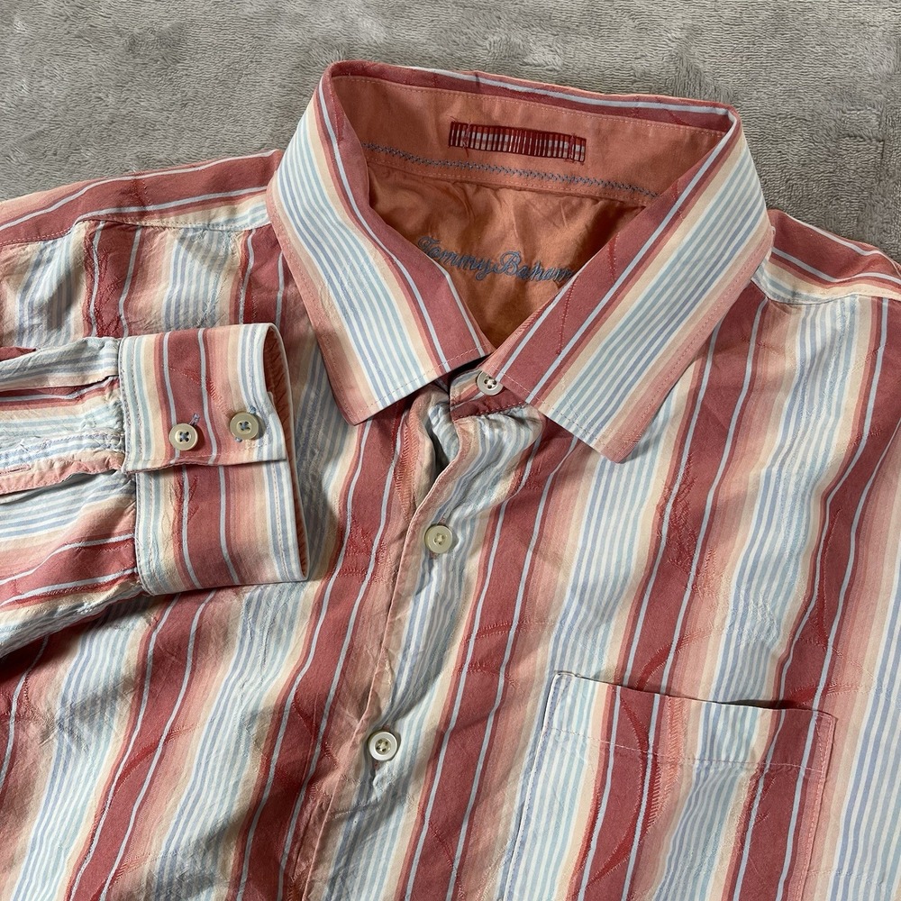 Tommy Bahama Shirt Mens XXL Pink Blue Striped 100% Silk Long Sleeve Button Down